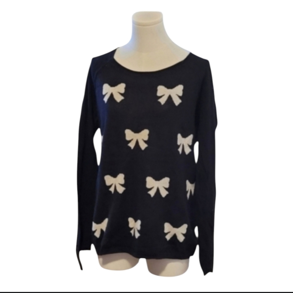 Vintage LOFT Soft Black Scoop Neck Stretchy Sweater With White Bows Size Medium